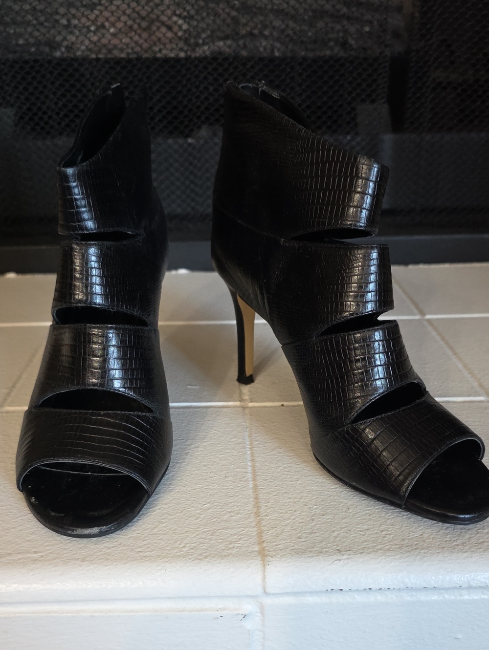 Cole Haan Black Croc-Embossed Peep-Toe Stiletto Booties